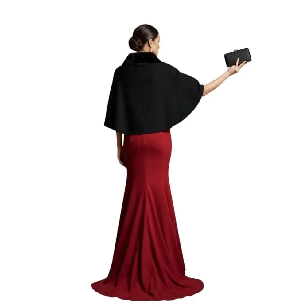 Talbots Black Faux Fur Trim Asymmetrical Hem Cape Poncho Women XS/S Formal Wear - Picture 14 of 14